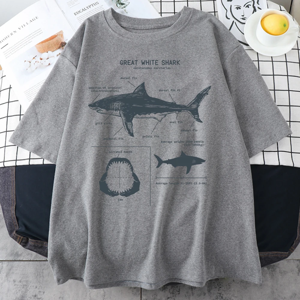 Great White Shark Anatomy T-Shirt New Summer Men Street Short Sleeve Hip Hop Punk Style Boy Casual Tops Oversize White Tees