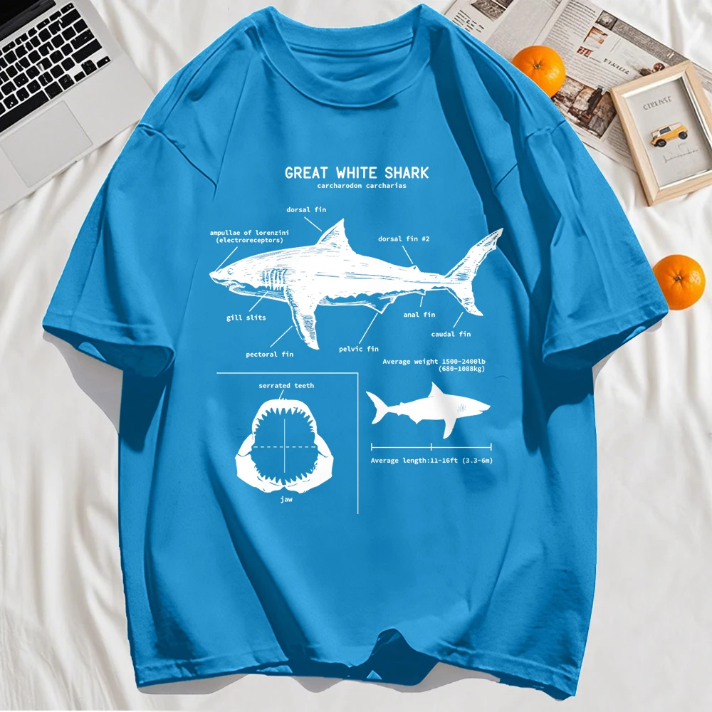 Great White Shark Anatomy T-Shirt New Summer Men Street Short Sleeve Hip Hop Punk Style Boy Casual Tops Oversize White Tees