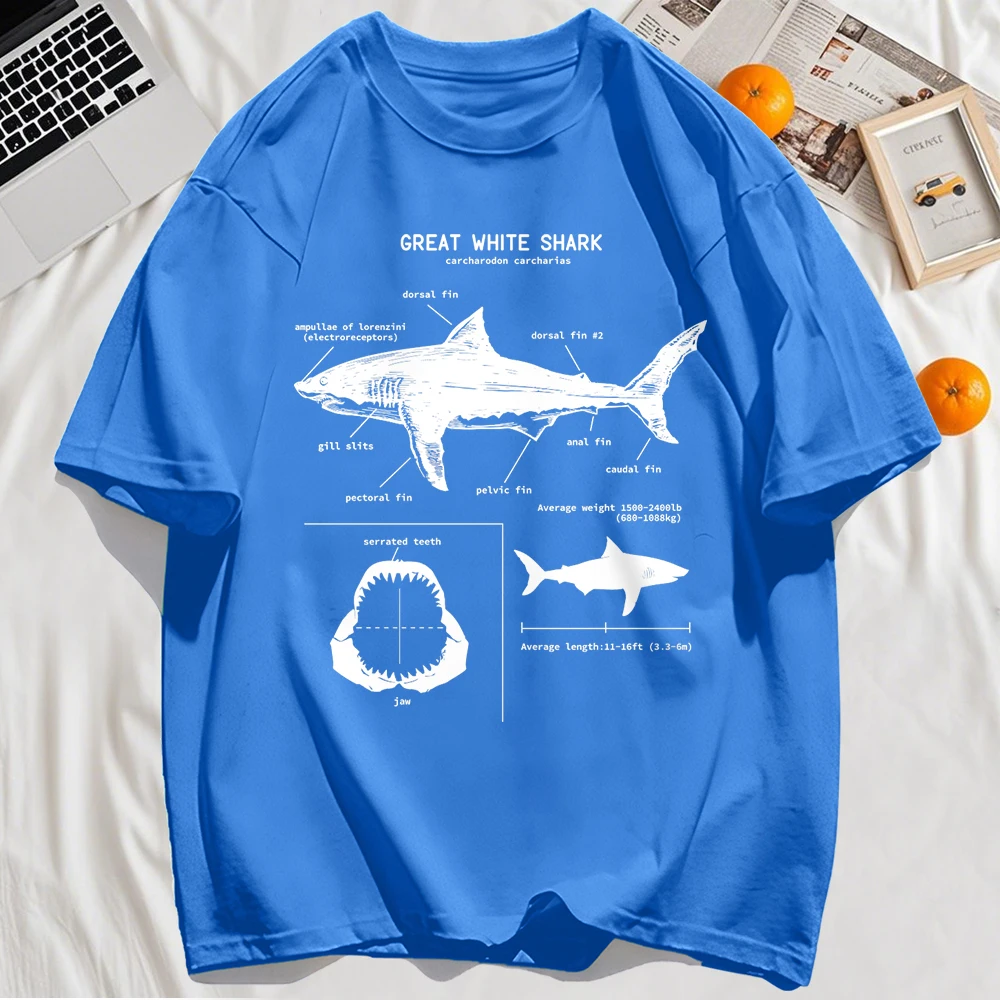 Great White Shark Anatomy T-Shirt New Summer Men Street Short Sleeve Hip Hop Punk Style Boy Casual Tops Oversize White Tees