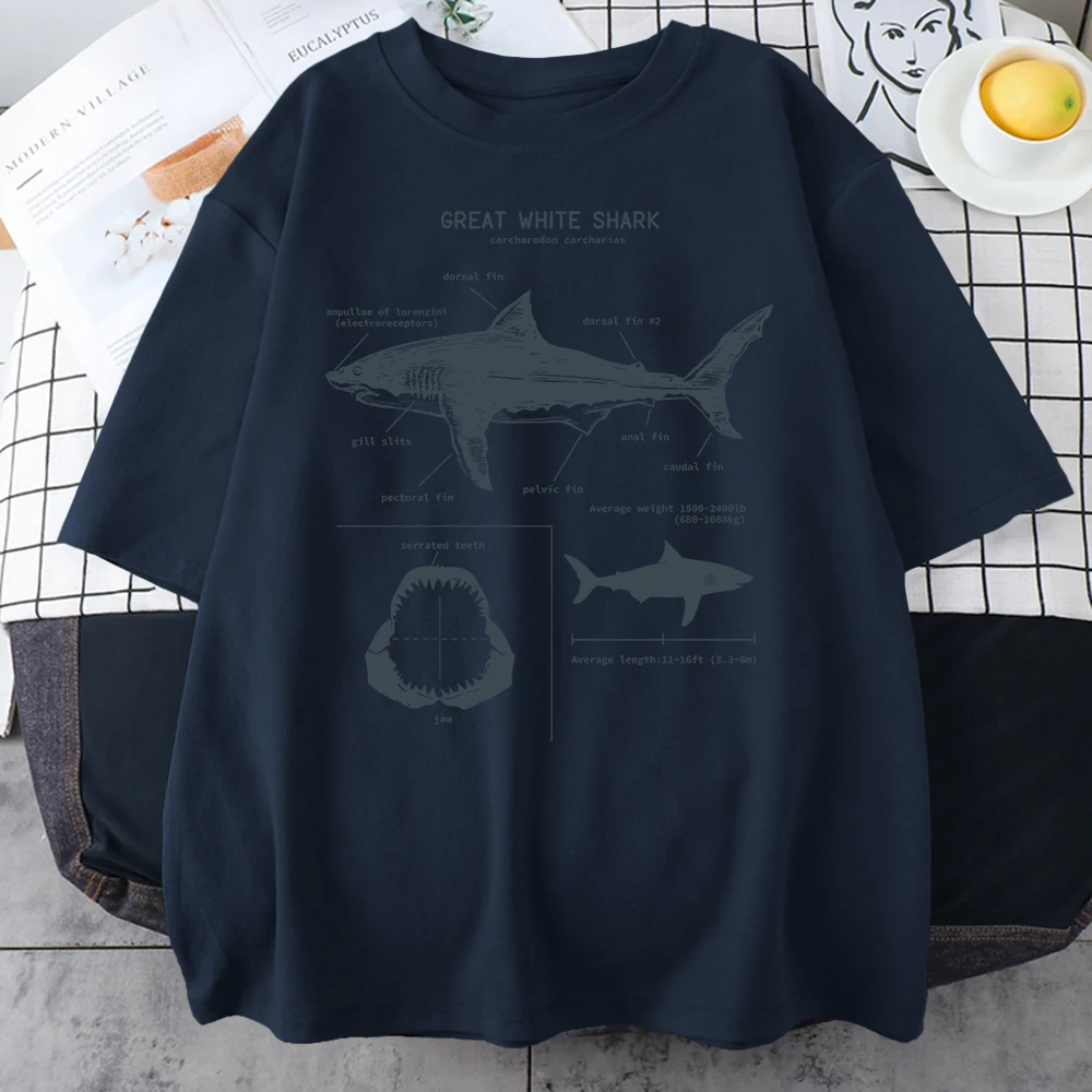 Great White Shark Anatomy T-Shirt New Summer Men Street Short Sleeve Hip Hop Punk Style Boy Casual Tops Oversize White Tees