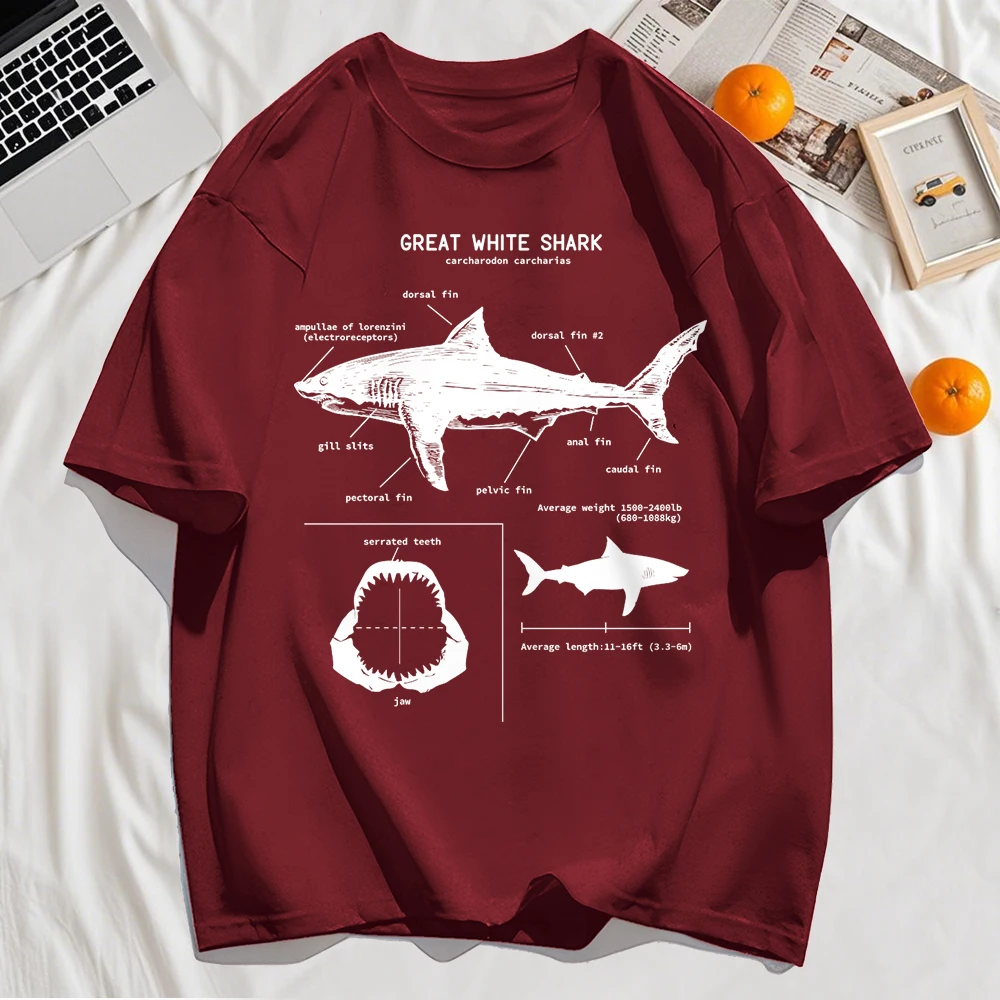 Great White Shark Anatomy T-Shirt New Summer Men Street Short Sleeve Hip Hop Punk Style Boy Casual Tops Oversize White Tees