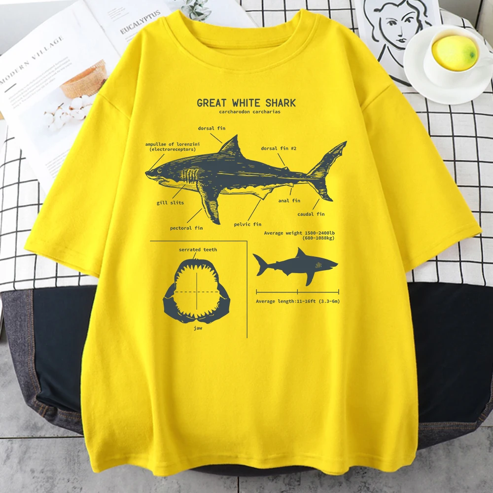 Great White Shark Anatomy T-Shirt New Summer Men Street Short Sleeve Hip Hop Punk Style Boy Casual Tops Oversize White Tees