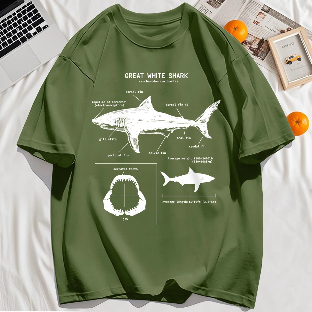 Great White Shark Anatomy T-Shirt New Summer Men Street Short Sleeve Hip Hop Punk Style Boy Casual Tops Oversize White Tees