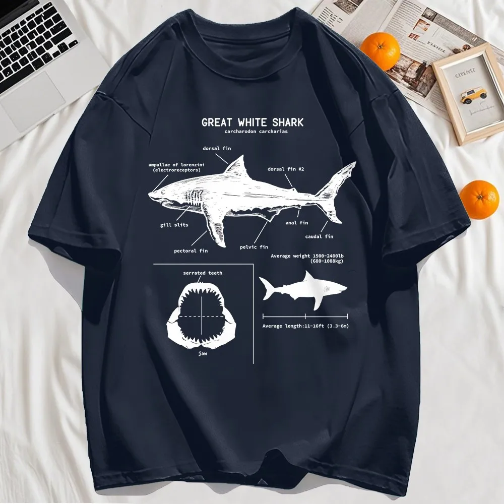 Great White Shark Anatomy T-Shirt New Summer Men Street Short Sleeve Hip Hop Punk Style Boy Casual Tops Oversize White Tees