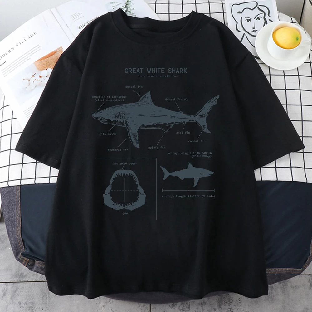 Great White Shark Anatomy T-Shirt New Summer Men Street Short Sleeve Hip Hop Punk Style Boy Casual Tops Oversize White Tees