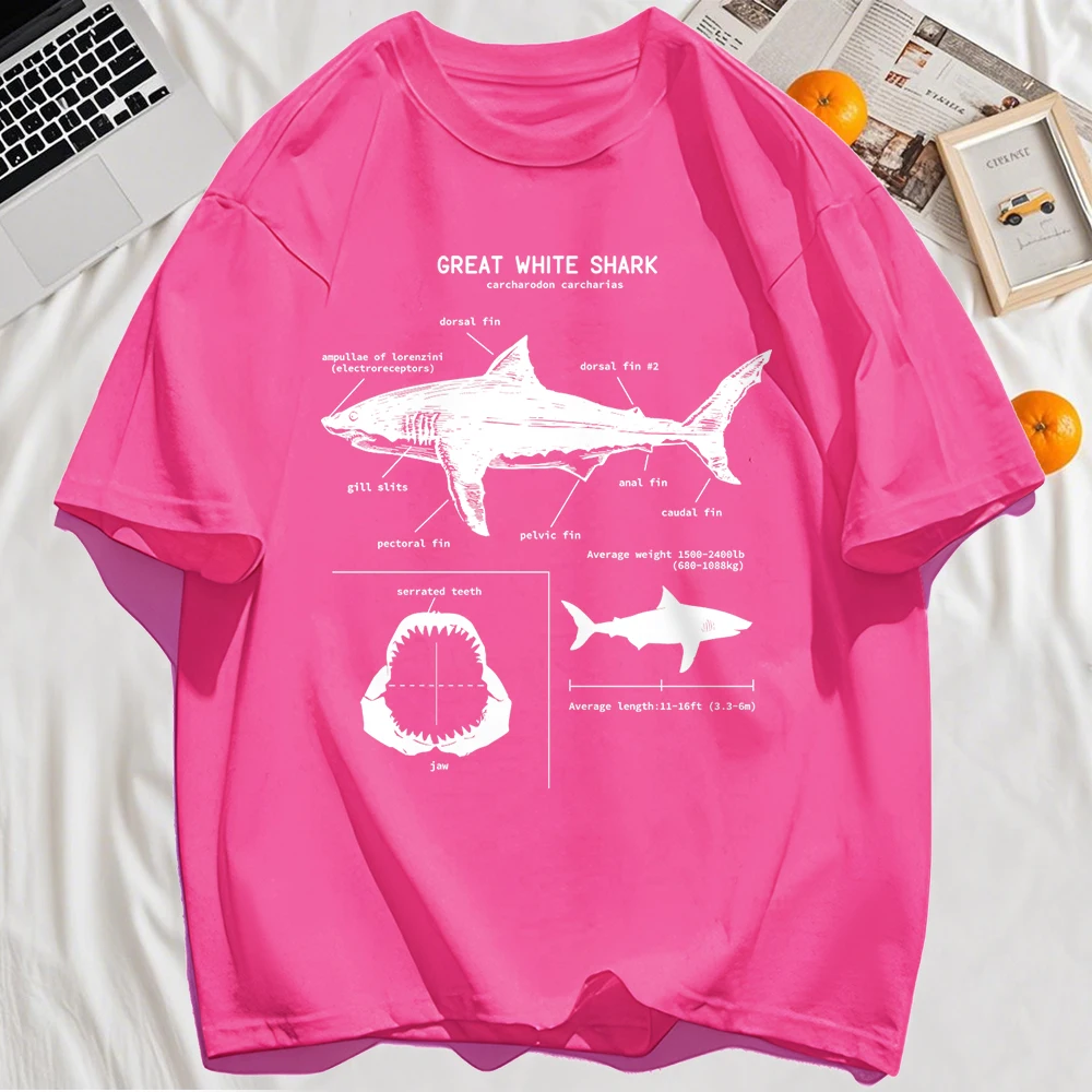 Great White Shark Anatomy T-Shirt New Summer Men Street Short Sleeve Hip Hop Punk Style Boy Casual Tops Oversize White Tees