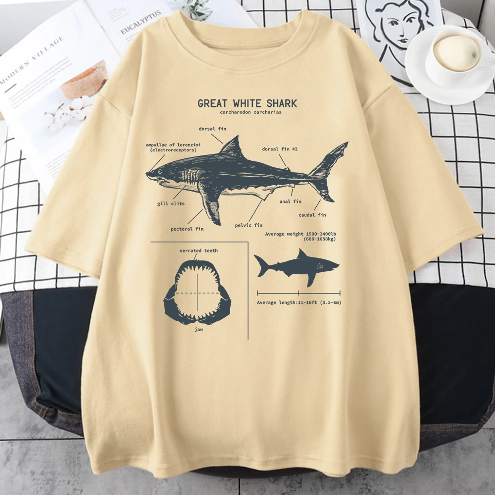 Great White Shark Anatomy T-Shirt New Summer Men Street Short Sleeve Hip Hop Punk Style Boy Casual Tops Oversize White Tees