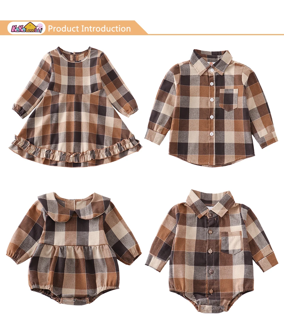 Girls Kids Dress Clothes Set Brother Sister Matching Outfits Spring Summer Lattice Long Sleeve Boys T-shirt Shirt Baby Romper