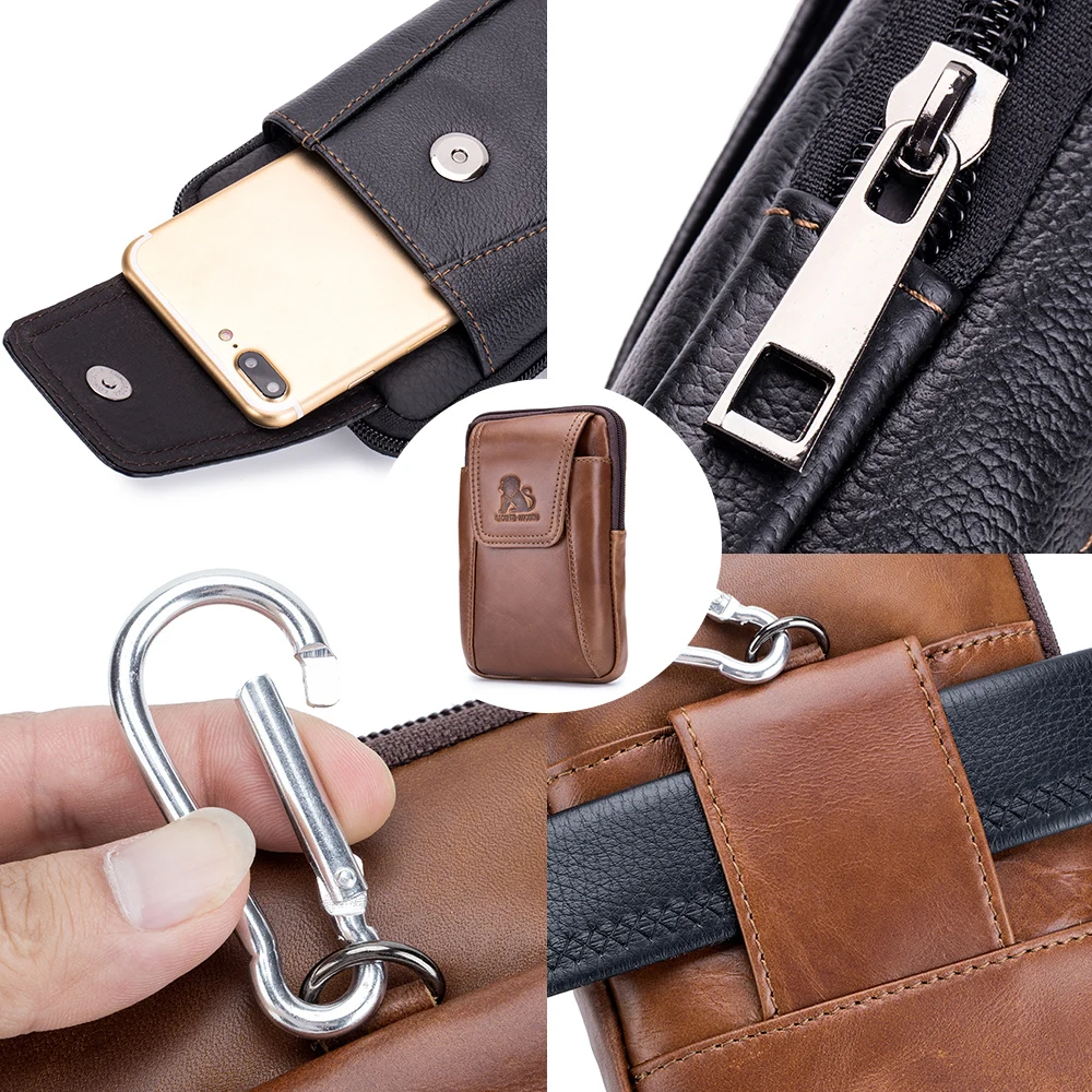Genuine Leather Men's Waist Bag, Cowhide Phone Bag, Can Be Worn With Belt Hooks
