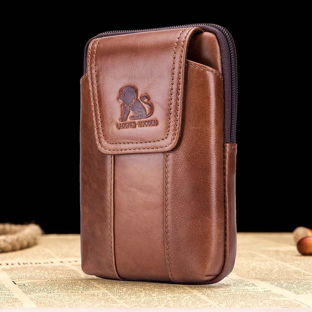 Genuine Leather Men's Waist Bag, Cowhide Phone Bag, Can Be Worn With Belt Hooks