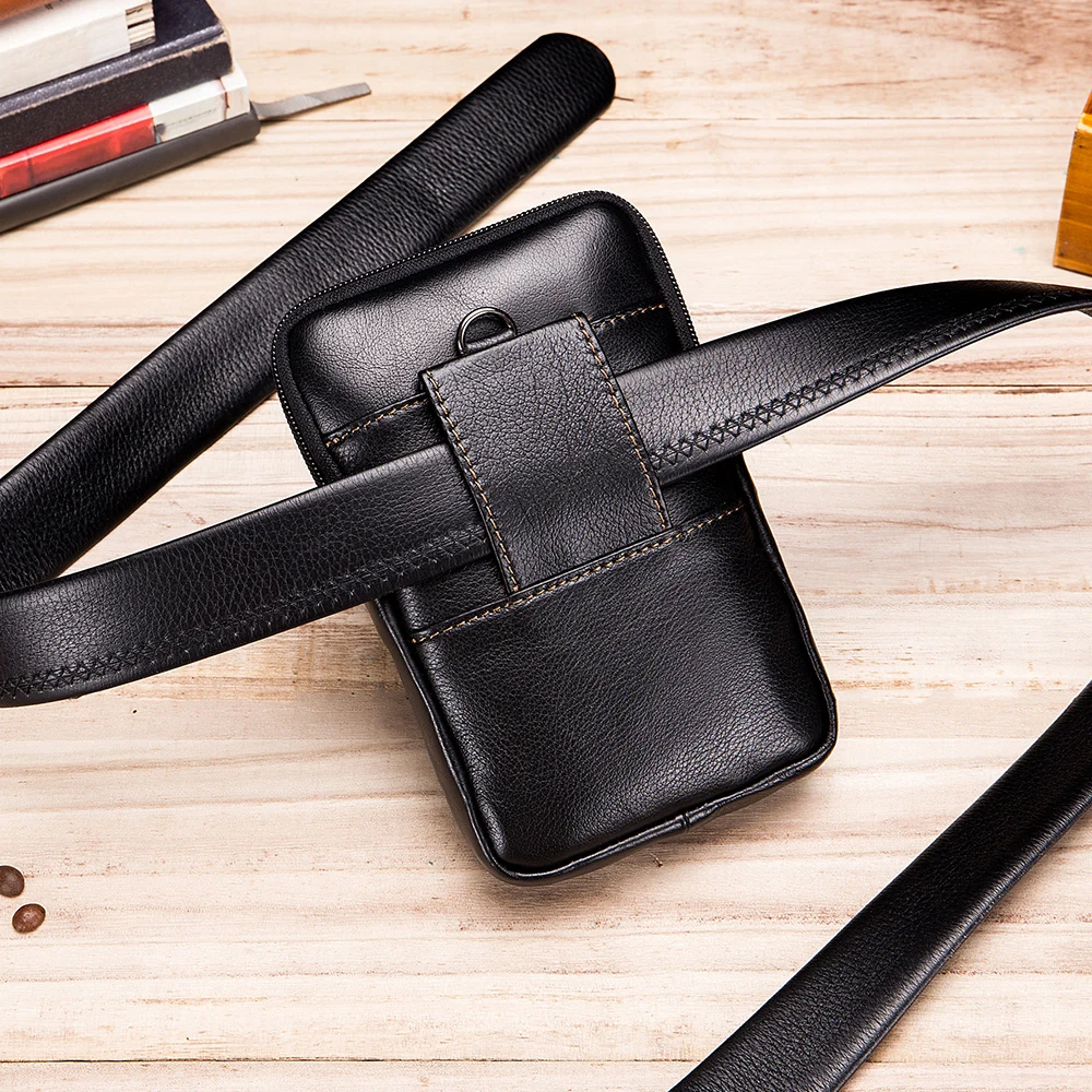 Genuine Leather Men's Waist Bag, Cowhide Phone Bag, Can Be Worn With Belt Hooks