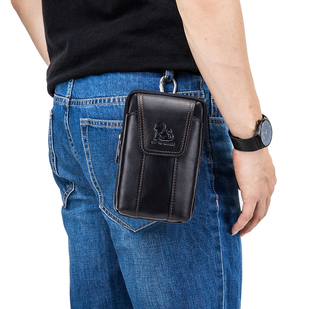Genuine Leather Men's Waist Bag, Cowhide Phone Bag, Can Be Worn With Belt Hooks
