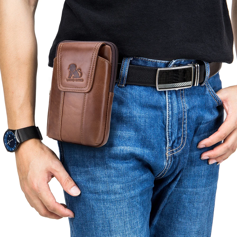 Genuine Leather Men's Waist Bag, Cowhide Phone Bag, Can Be Worn With Belt Hooks