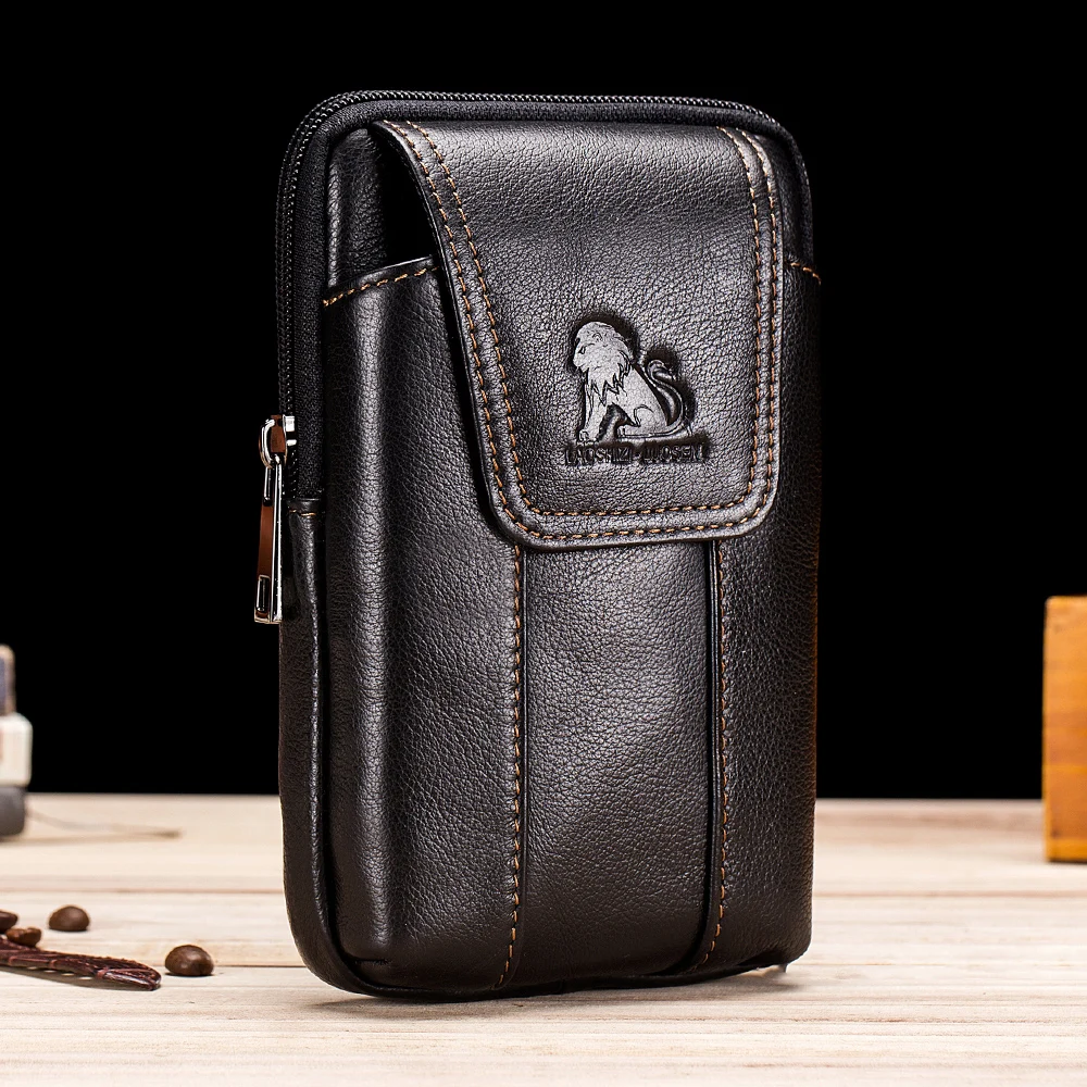 Genuine Leather Men's Waist Bag, Cowhide Phone Bag, Can Be Worn With Belt Hooks