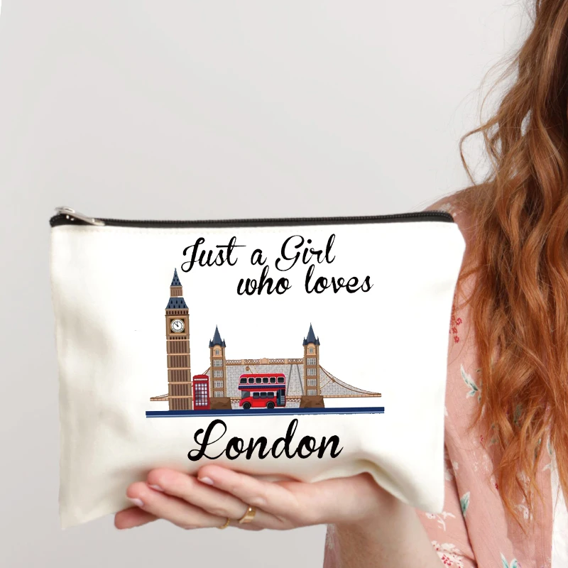 London Big Clock Canvas Bag Women Travel Toilet Storage Kits Makeup Pouch Just A Girl Who Loves London Travel Necessities Case