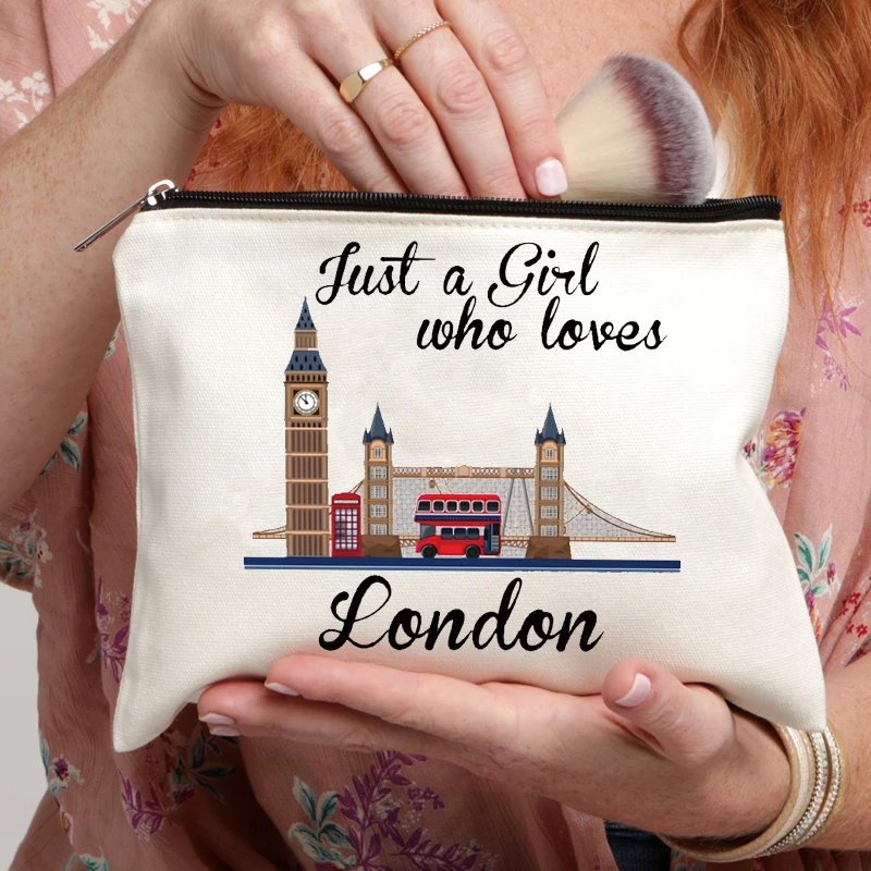 London Big Clock Canvas Bag Women Travel Toilet Storage Kits Makeup Pouch Just A Girl Who Loves London Travel Necessities Case