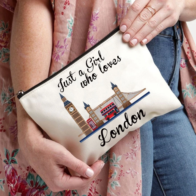 London Big Clock Canvas Bag Women Travel Toilet Storage Kits Makeup Pouch Just A Girl Who Loves London Travel Necessities Case