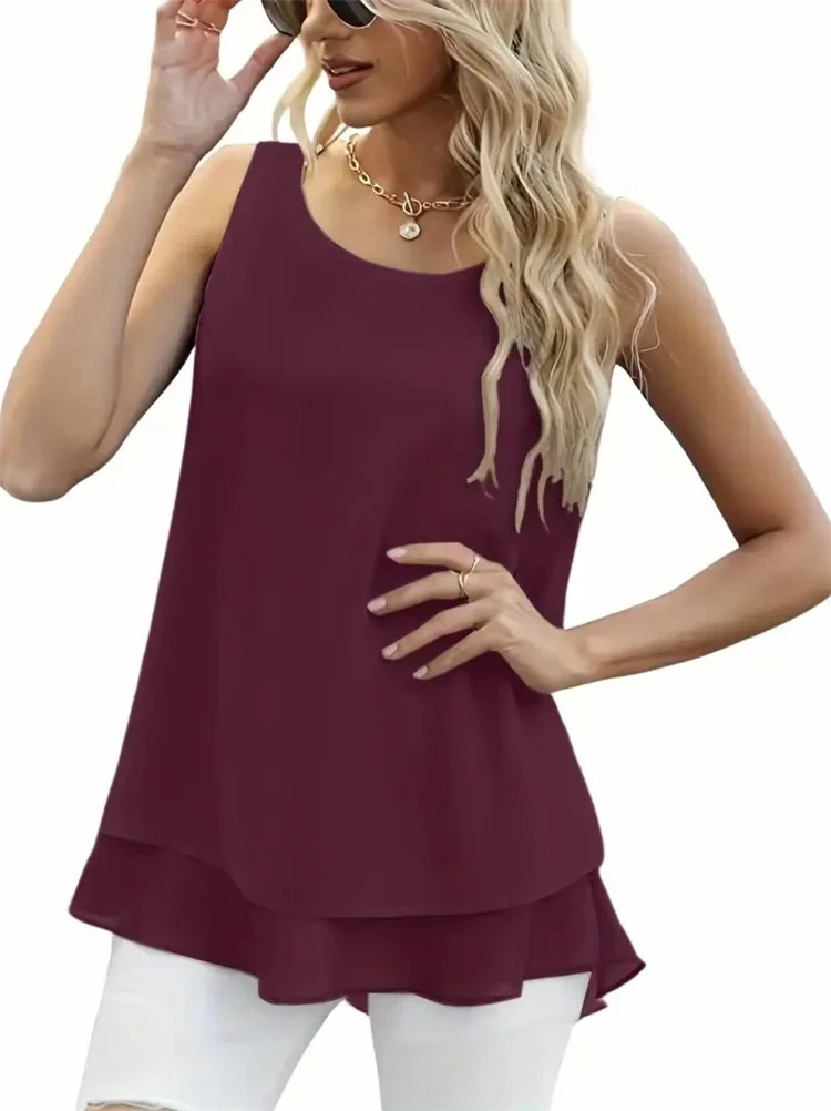 Women Summer Simple Style Chiffon Blouses Shirts Lady Casual Sleeveless O-Neck Solid Color Double Layer Tank Top