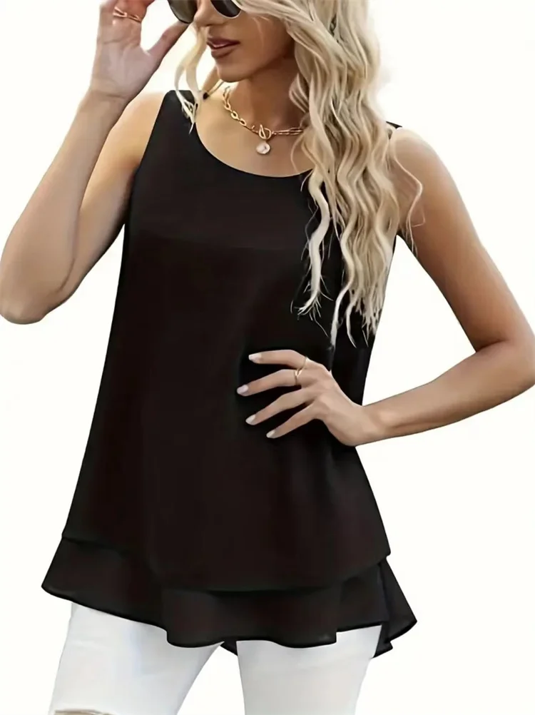 Women Summer Simple Style Chiffon Blouses Shirts Lady Casual Sleeveless O-Neck Solid Color Double Layer Tank Top