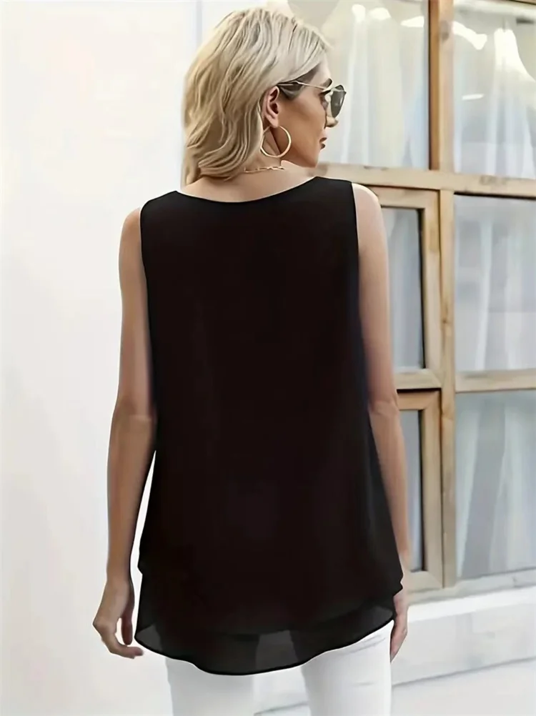 Women Summer Simple Style Chiffon Blouses Shirts Lady Casual Sleeveless O-Neck Solid Color Double Layer Tank Top