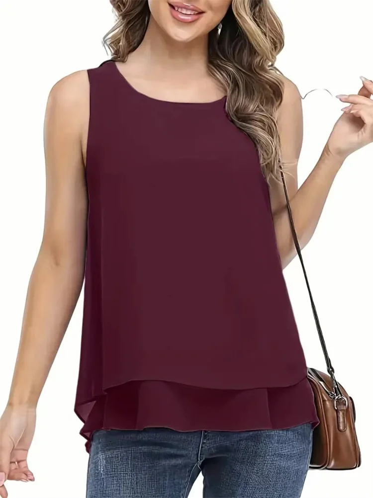 Women Summer Simple Style Chiffon Blouses Shirts Lady Casual Sleeveless O-Neck Solid Color Double Layer Tank Top