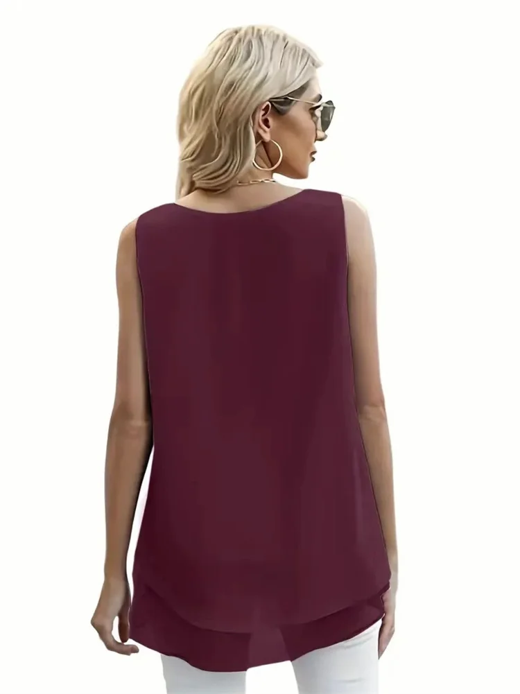Women Summer Simple Style Chiffon Blouses Shirts Lady Casual Sleeveless O-Neck Solid Color Double Layer Tank Top