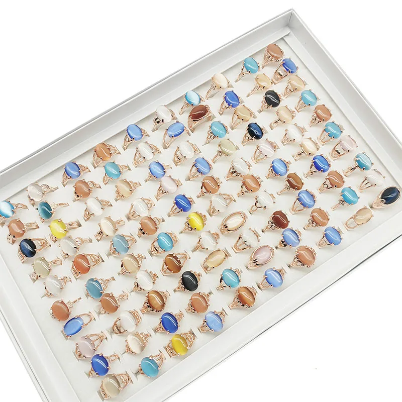 20pcs/Lot Wholesale Mix Color Opal Finger Rings For Women Fashion Oval Big Blue Stone Hollow Design Jewelry Party Wedding Gifts