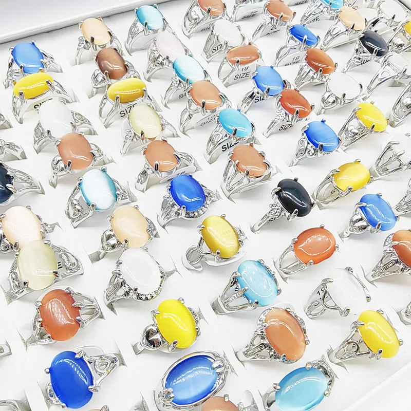 20pcs/Lot Wholesale Mix Color Opal Finger Rings For Women Fashion Oval Big Blue Stone Hollow Design Jewelry Party Wedding Gifts