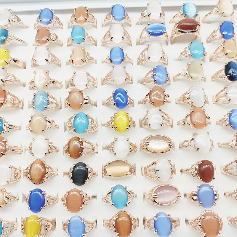 20pcs/Lot Wholesale Mix Color Opal Finger Rings For Women Fashion Oval Big Blue Stone Hollow Design Jewelry Party Wedding Gifts