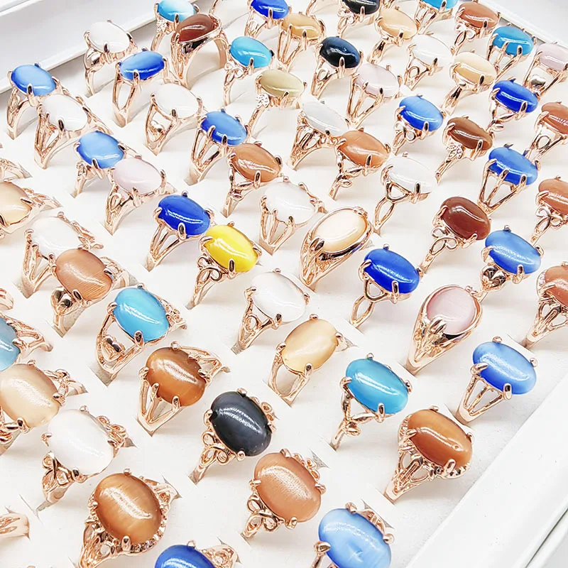 20pcs/Lot Wholesale Mix Color Opal Finger Rings For Women Fashion Oval Big Blue Stone Hollow Design Jewelry Party Wedding Gifts
