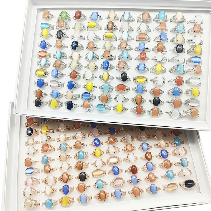 20pcs/Lot Wholesale Mix Color Opal Finger Rings For Women Fashion Oval Big Blue Stone Hollow Design Jewelry Party Wedding Gifts