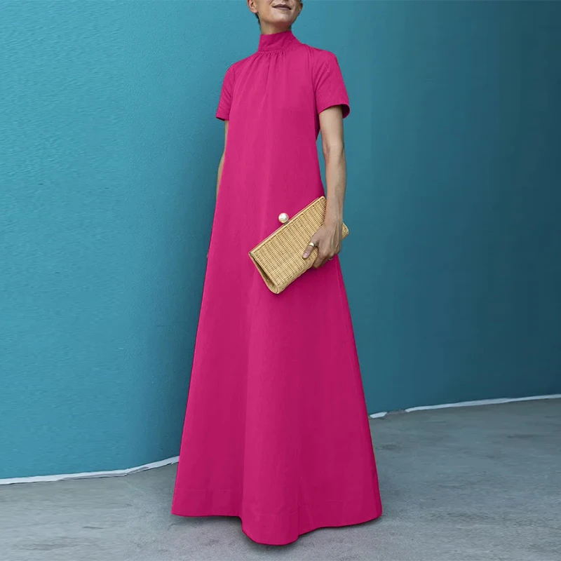 ZANZEA Summer High Collar Kleid Robes Casual Loose Party Long Dresses Women Short Sleeve Maxi Dress Elegant Solid 2023 Vestidos