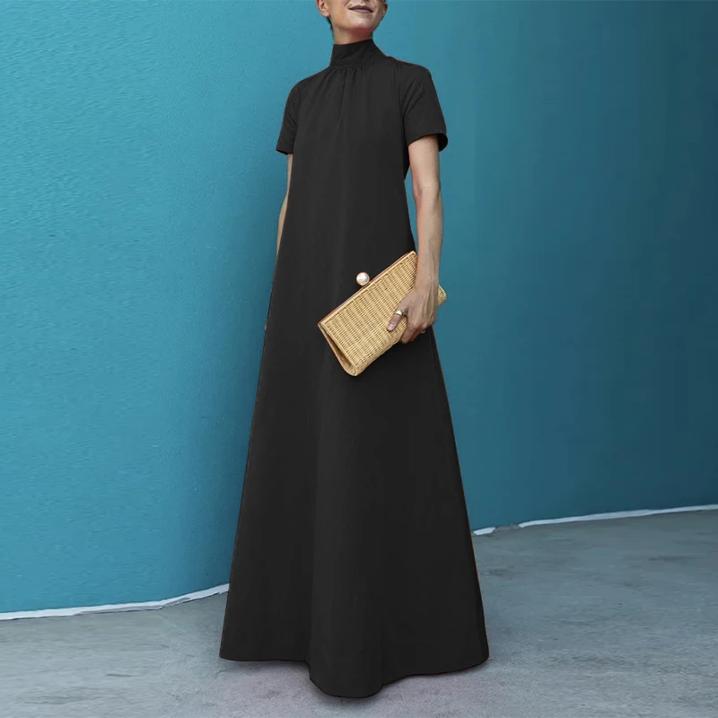 ZANZEA Summer High Collar Kleid Robes Casual Loose Party Long Dresses Women Short Sleeve Maxi Dress Elegant Solid 2023 Vestidos