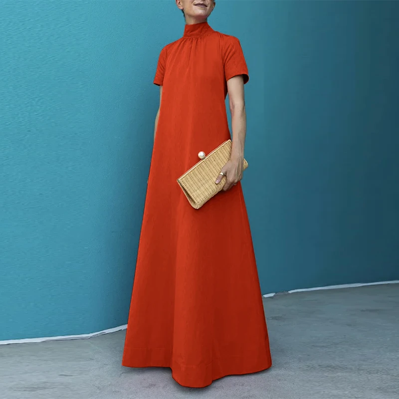 ZANZEA Summer High Collar Kleid Robes Casual Loose Party Long Dresses Women Short Sleeve Maxi Dress Elegant Solid 2023 Vestidos