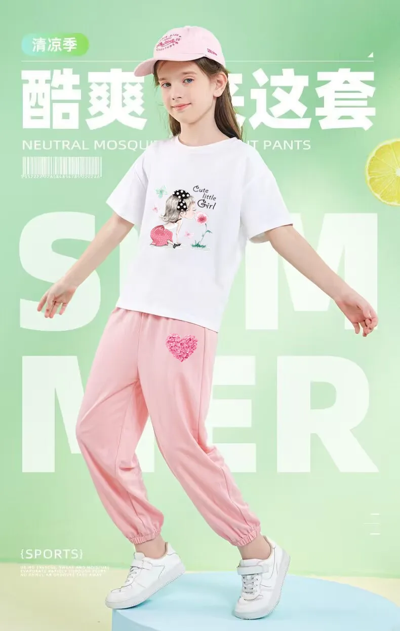2pcs Girls Clothes Cute Cat Short-sleeved Children T-shirts + Pants Suit Cotton Kids Clothing Sets Summer Kids Outfit