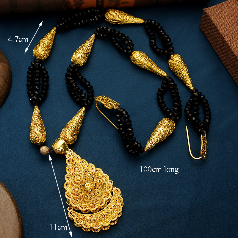 Ethnic Luxury Beads Necklace Pendant Gold Plated Algerian Wedding Jewelry Long Chain Necklaces for Women Arabia Bridal Jewelry