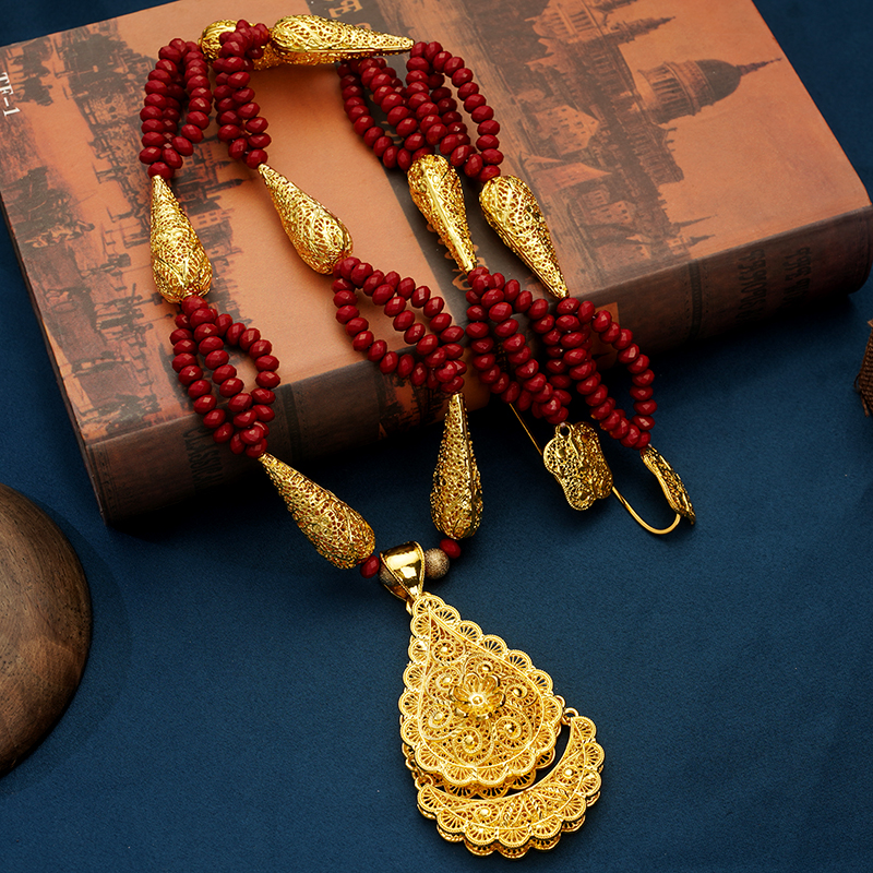 Ethnic Luxury Beads Necklace Pendant Gold Plated Algerian Wedding Jewelry Long Chain Necklaces for Women Arabia Bridal Jewelry