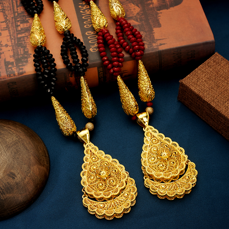 Ethnic Luxury Beads Necklace Pendant Gold Plated Algerian Wedding Jewelry Long Chain Necklaces for Women Arabia Bridal Jewelry
