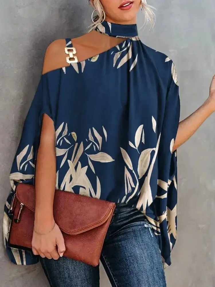 Casual Loose Women's Blouse Fashion Batwing Sleeve Print O-neck Shirts Top 2024 Spring Summer Office Lady Blouses Elegant Tops