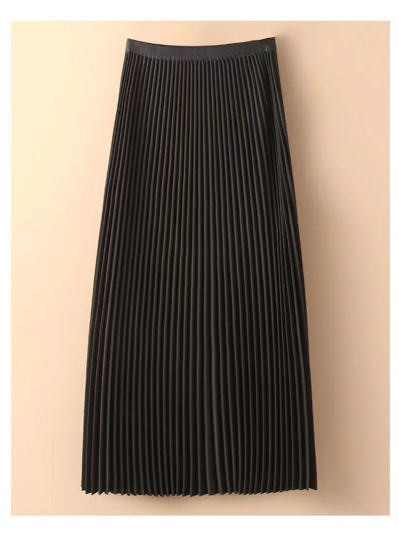 Women Vintage Midi Skirt Wide Elastic Waistband High Waist Pleated A-Line Skirt Summer Solid Color Smooth Satin Long Skirts