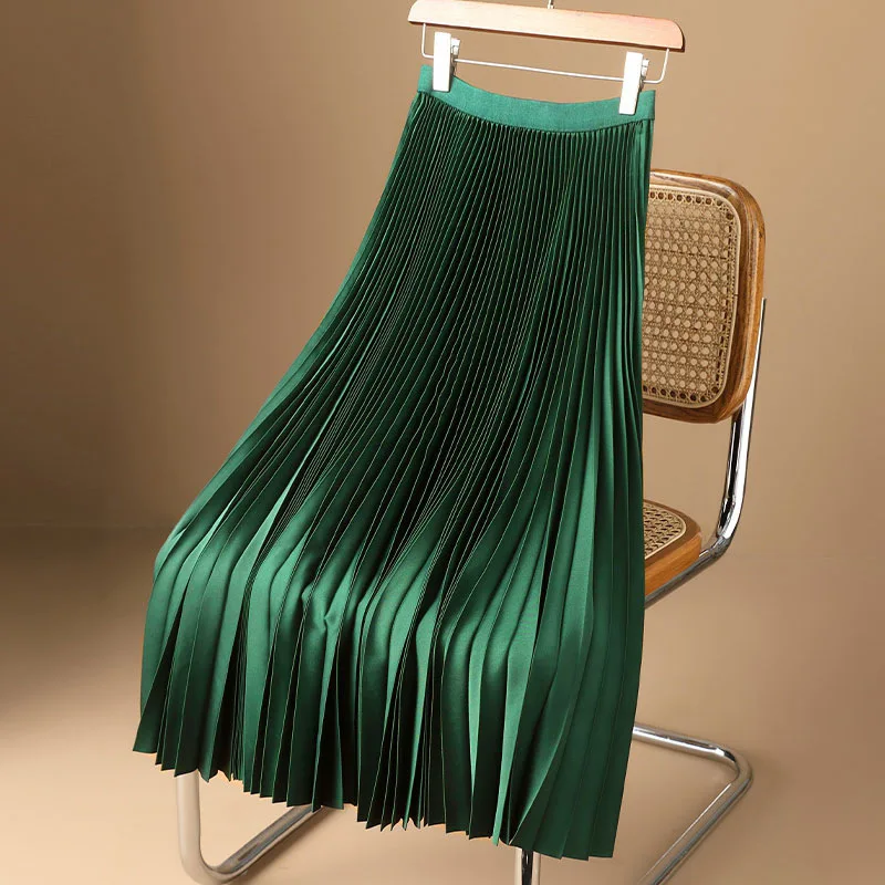 Women Vintage Midi Skirt Wide Elastic Waistband High Waist Pleated A-Line Skirt Summer Solid Color Smooth Satin Long Skirts