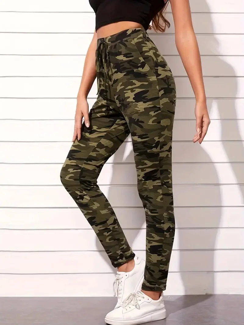Women Camo Print Jogger Pants Elastic Drawstring Waist Cuffed Trousers with Pockets Casual Ladies Sweatpants