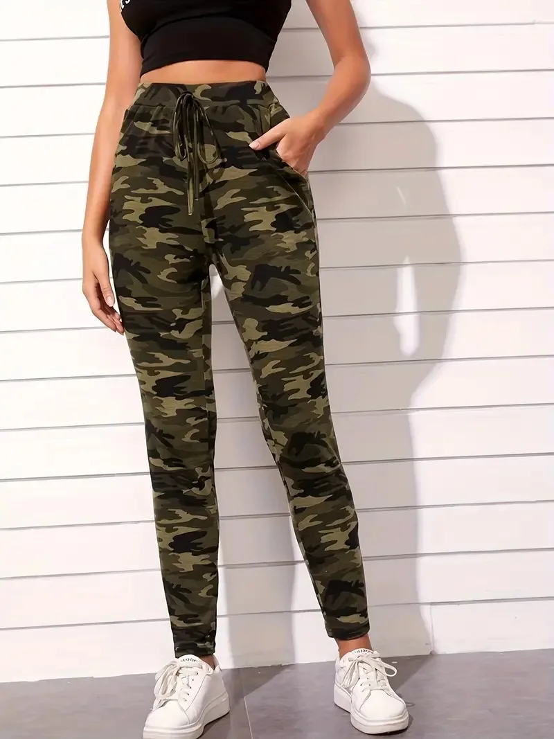 Women Camo Print Jogger Pants Elastic Drawstring Waist Cuffed Trousers with Pockets Casual Ladies Sweatpants