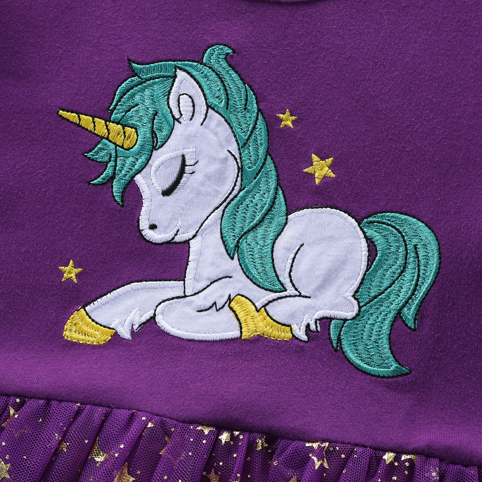 Girl's Spring Unicorn Embroidered Long Sleeved Mesh Spliced Cotton Party Princess Dress LH1701