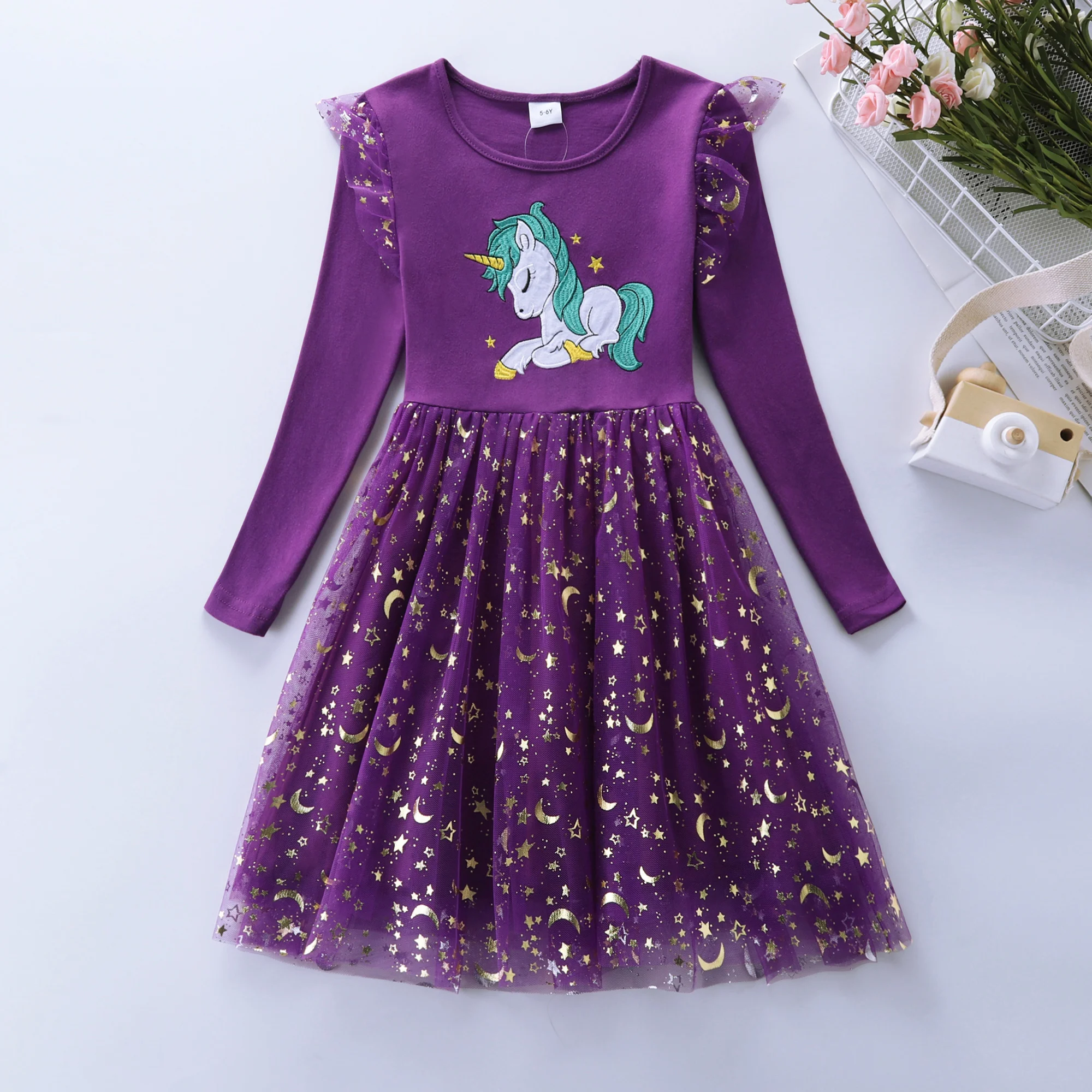 Girl's Spring Unicorn Embroidered Long Sleeved Mesh Spliced Cotton Party Princess Dress LH1701