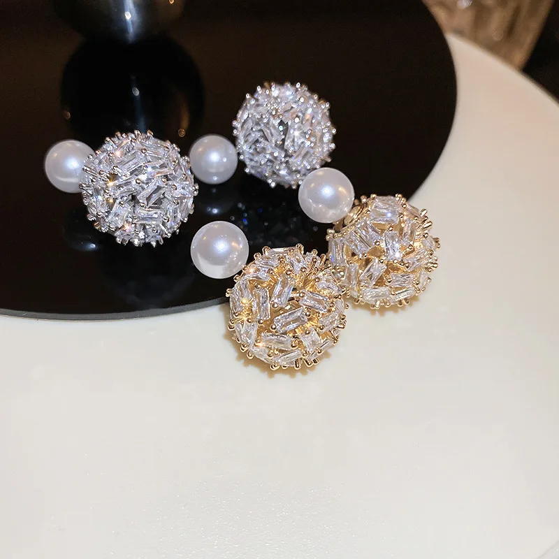 Electroplated Silver Needle Zircon Ball Europe And The United States Light Luxury Fashion Atwo-wear Personalized Ear Accessories