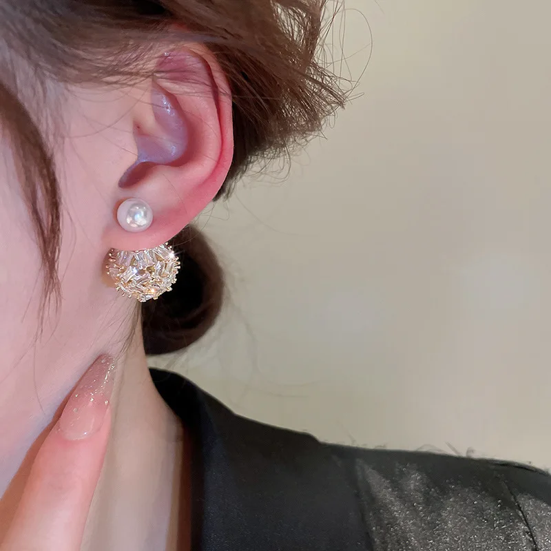 Electroplated Silver Needle Zircon Ball Europe And The United States Light Luxury Fashion Atwo-wear Personalized Ear Accessories