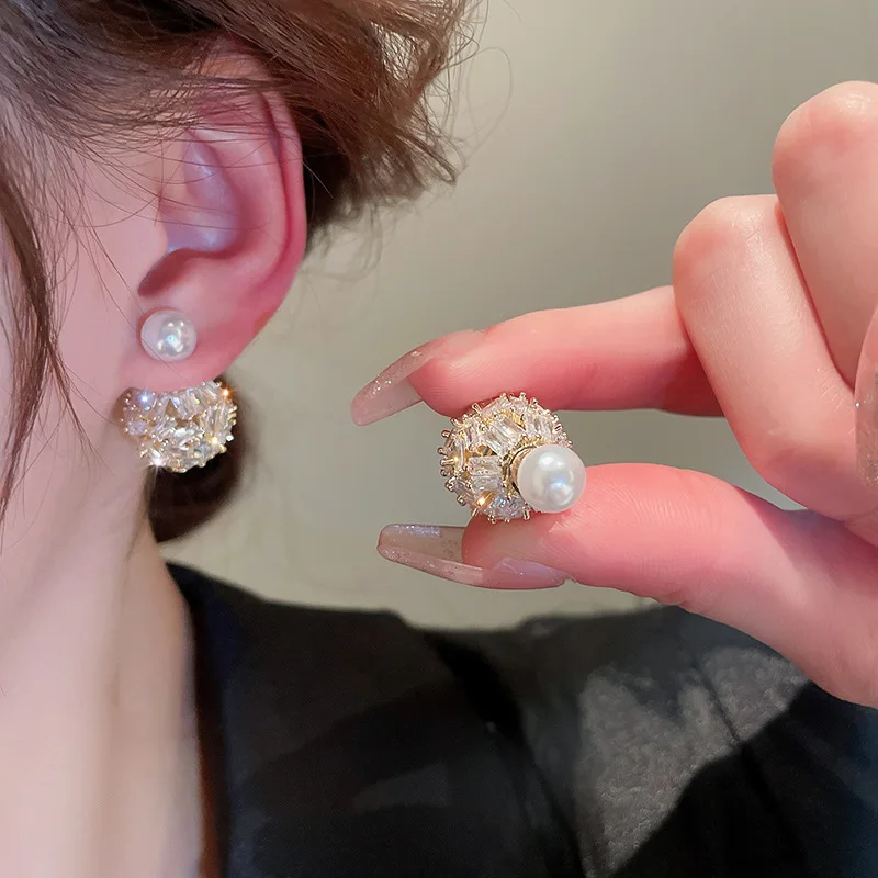 Electroplated Silver Needle Zircon Ball Europe And The United States Light Luxury Fashion Atwo-wear Personalized Ear Accessories