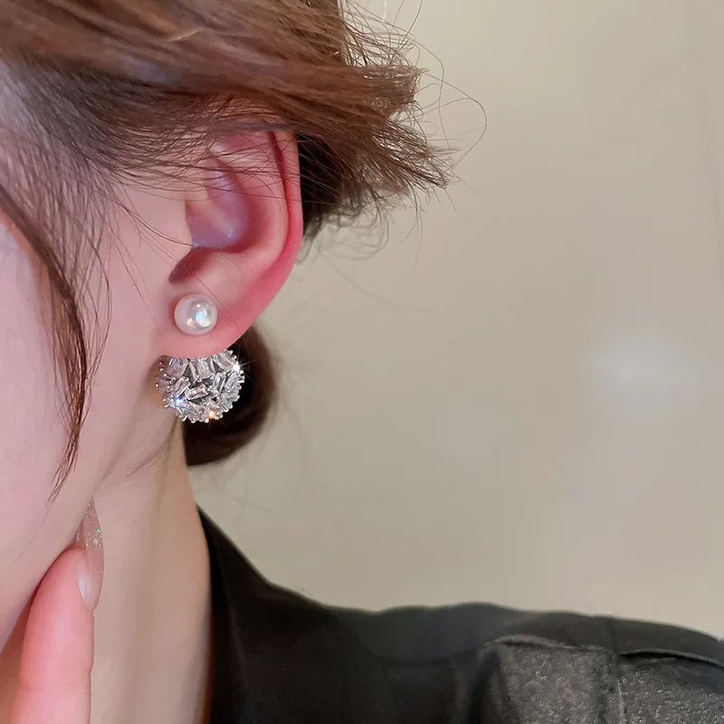 Electroplated Silver Needle Zircon Ball Europe And The United States Light Luxury Fashion Atwo-wear Personalized Ear Accessories