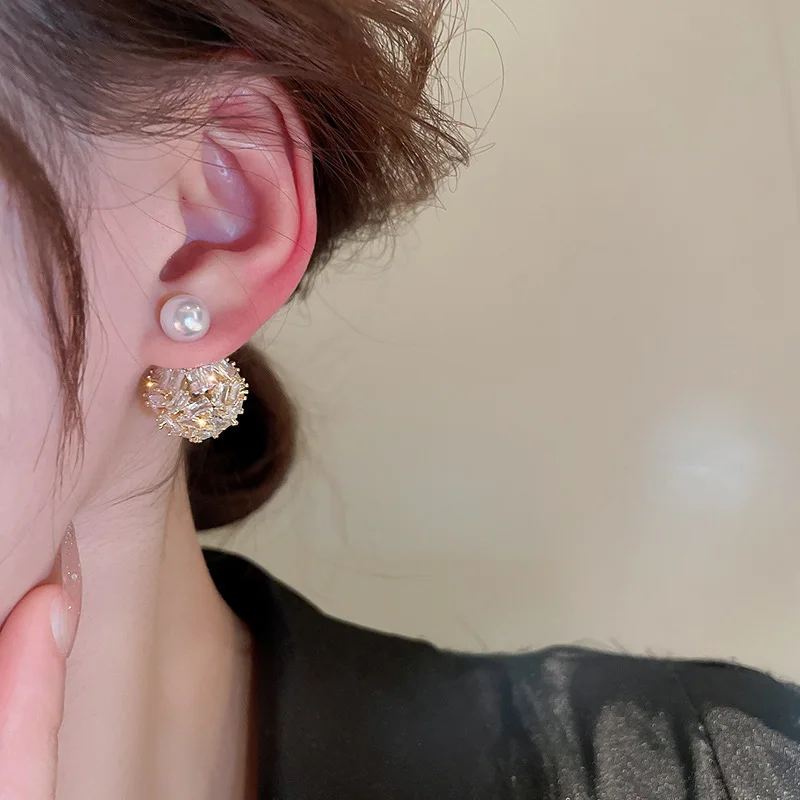 Electroplated Silver Needle Zircon Ball Europe And The United States Light Luxury Fashion Atwo-wear Personalized Ear Accessories